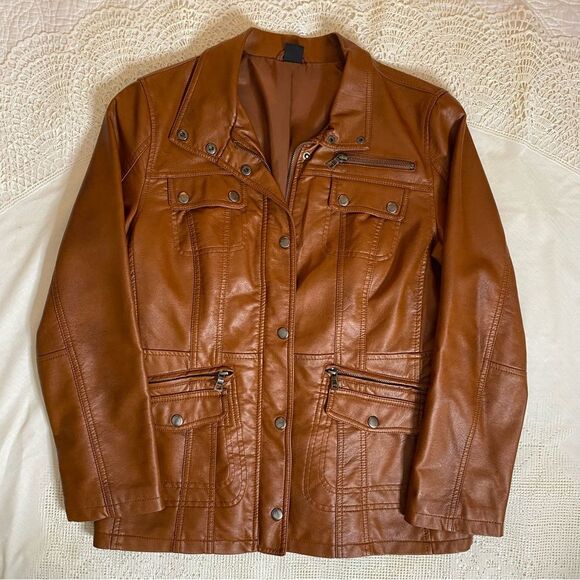 REHBRAUN Jacket Germany Faux Leather Vegan Snap Zip Petite Womens M PM Brown - Picture 10 of 14